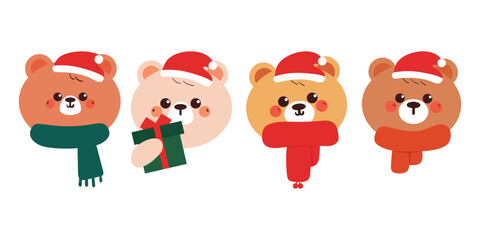 cute set of hand drawing cartoon bear head with Christmas and winter element for stickers