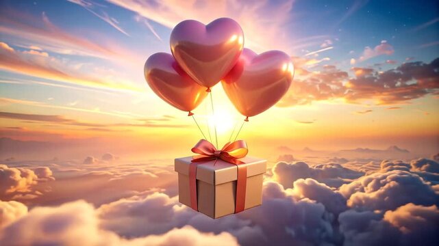 Heart Balloons Lift Gift Box Above Clouds at Sunset