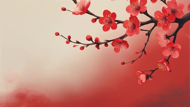 Elegant Red Blossom Branch on a Soft Gradient Background with Artistic Flair