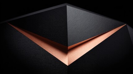 Sharp geometric planes of textured black material highlight a central metallic copper inlay
