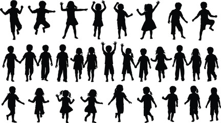 Silhouette children collection in playful poses, kids jumping, walking, and holding hands, vector illustration for childhood design, activity scenes, joyful movement, and creative content