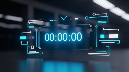 Futuristic digital timer display with glowing blue numbers and abstract UI elements.