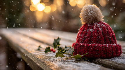 Cozy Christmas and holiday scene with a red knitted hat, holly, and snow on a rustic wooden surface with bokeh lights