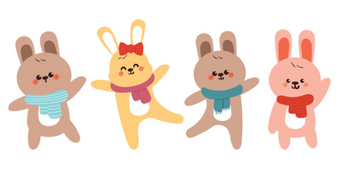 set of bunny cartoon with scarf for winter stickers