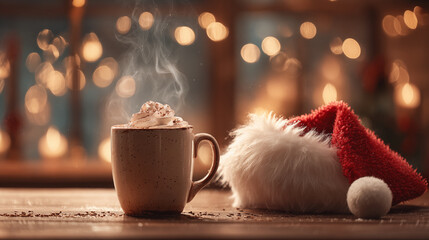 Cup of cocoa and Christmas hat in red and white with light bokeh bacground. Cozy Christmas atmosphere.