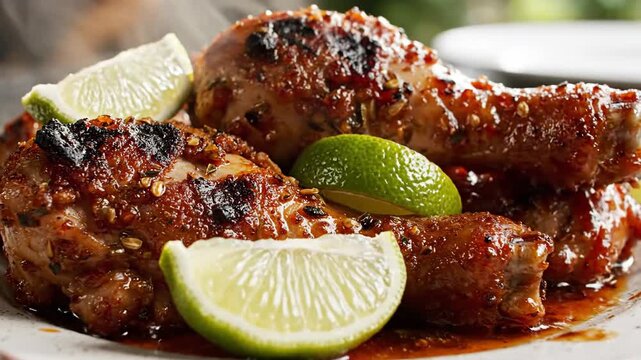 Close up of grilled jerk chicken drumsticks with lime wedges