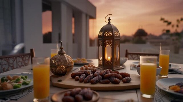 Iftar Table Setup. Ramadan & Eid content. A wide-angle cinematic shot of a modern beautifully set Iftar table at sunset. Dates juice and traditional dishes are neatly arranged.

