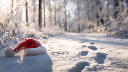 Red and white Christmas hat in snow with footprints nearby. Beautiful winter forest in the background. Christmas and holiday cheer and nature