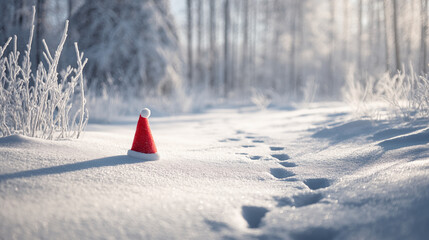 Red and white Christmas hat in snow with footprints nearby. Beautiful winter forest in the background. Christmas and holiday cheer and nature