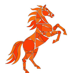 Geometric horse in orange tones rearing up on its hind legs, isolated on white.