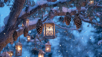 christmas lanterns on the tree covered in snow creating beautiful and serene Christmas outdoor scene