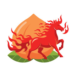 Fiery red horse with flame mane and tail prances on green leaves before an orange peach.