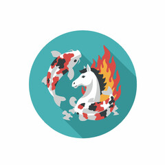 Koi fish and horse with fire in a circle. Symbolizes balance, harmony, and transformation.
