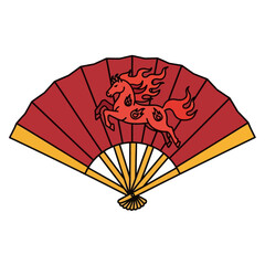 Ornate red hand fan with a horse design, symbolizing chinese new year celebrations.