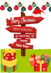 Christmas and New Year Signpost with Gifts and Baubles