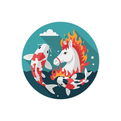 Icon illustration of a horse with flames and koi fish swimming in the water design.