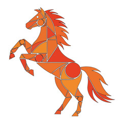 Geometric horse prancing on its hind legs. Orange vector illustration on white.