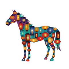 Horse silhouette filled with colorful chinese lanterns, cultural and festive design.