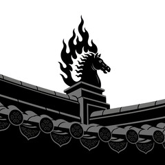 Horse head on a roof with flames in black and white, representing power and intensity.