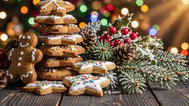 Close up of decorated Christmas cookies stacked and arranged