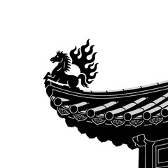 Korean roof detail with horse statue in black and white, traditional architecture style.