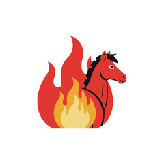 Red horse engulfed in flames, vector illustration for strength and power concepts.