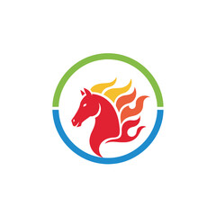Red horse head with colorful flame mane inside a green and blue circle, vector graphic.