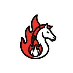 Stylized vector illustration of a horse head engulfed in flames, representing power and danger.