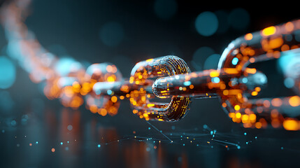 Secure blockchain technology with glowing chain links, digital security, decentralized ledger, promoting trust and innovation in the digital economy