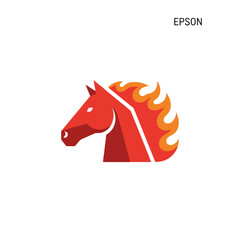 Red horse head with fiery mane in a geometric style, isolated on a white background.