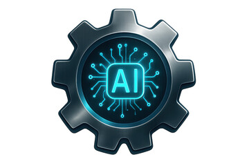 Ai concept icon showing a metallic gear with a glowing blue circuit board and ai letters on a transparent background