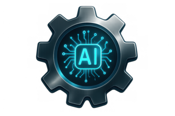 Ai concept icon showing a metallic gear with a glowing blue circuit board and ai letters on a transparent background