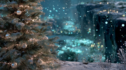 A breathtaking Christmas and holiday scene, featuring a beautifully adorned festive tree with sparkling blue and gold ornaments set against a luminous, dreamy bokeh background