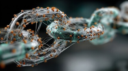 Glowing digital nodes form a massive descending chain above a radiant Bitcoin symbol, representing blockchain security, strength, and network trust.