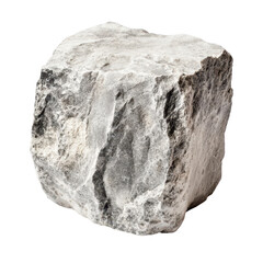 Obraz premium A large. rough-textured rock sits on a clean white background. its natural gray and white variations. ideal for use in geological studies or as a decorative element in design projects