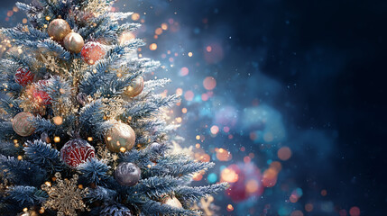 A breathtaking Christmas and holiday scene, featuring a beautifully adorned festive tree with sparkling blue and gold ornaments set against a luminous, dreamy bokeh background