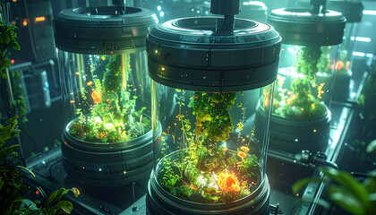 Botanical Wonders in Bio-Tanks: Witness vibrant plant life flourishing within futuristic bio-tanks, a testament to technological innovation and ecological harmony.