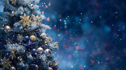 A breathtaking Christmas and holiday scene, featuring a beautifully adorned festive tree with sparkling blue and gold ornaments set against a luminous, dreamy bokeh background