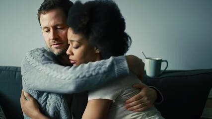 Loving interracial couple embracing on a sofa in a cinematic living room, sharing a moment of comfort and empathy during a serious relationship conversation.