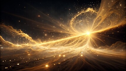 Abstract Golden Energy Explosion with Radiant Light, Waving Cosmic Gold: A Stream of Pure Energy, Radiant Horizon: Golden Particle Flow on Dark Background, The River of Golden Light