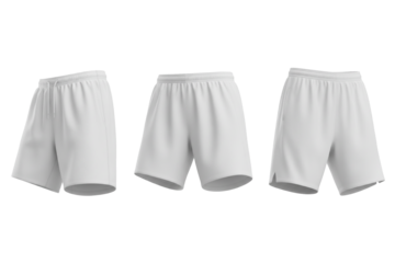 Shorts mockup set features three white shorts on a checkered background. Great for customizing apparel designs and showcasing branding.