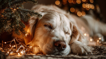 Dog sleeping under beautifully decorated Christmas tree, with gentle glitter bokeh lights in the background, exuding warmth and festive charm.