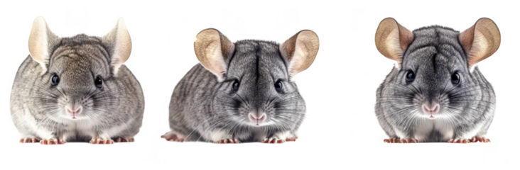 A trio of adorable chinchillas sitting closely together. their soft fur and large ears. against a clean white background. ideal for pet care or animal photography