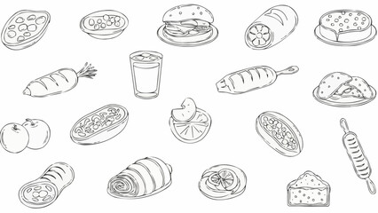 Collection of Hand Drawn Food Items and Drinks Sketch Style.