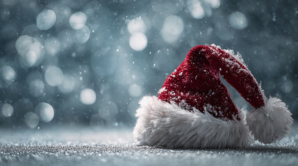 Christmas Santa's Hat in Winter: A cozy Santa's hat rests gently, surrounded by a magical snowfall, inviting warmth and festive cheer. 