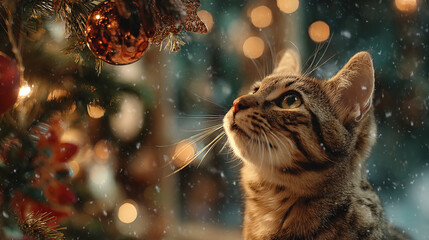 Cozy Christmas Cat: A curious cat gazes at a shimmering ornament on a beautifully decorated Christmas tree, with gentle snowflakes in the background, exuding warmth and festive charm.
