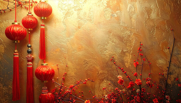 水引 Mizuhiki 023 Luxurious Golden Wall Background with Red Lanterns and Plum Branches（豪華な金色の壁と赤い提灯、梅枝の背景）