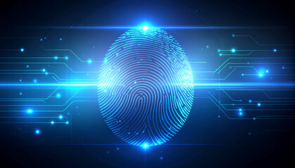 A glowing blue fingerprint with digital circuit lines and light particles on a dark background, representing biometric security and digital identity.