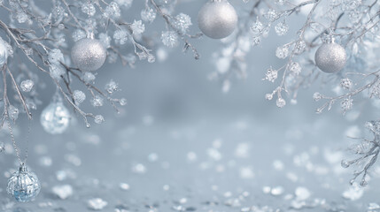 Winter Wonderland Elegance: A serene and frosty scene unfolds, adorned with delicate branches embellished with gleaming ornaments.