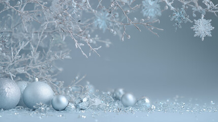 Blue Christmas background with decorative balls, snowflakes, and a festive winter holiday design